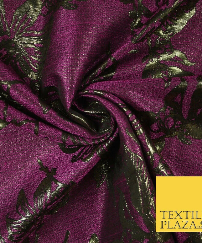 Magenta Antique Gold Floral Textured Metallic Fancy Brocade Jacquard Fabric 6766