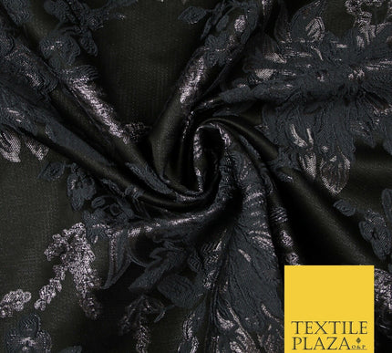 Black Grey Floral Bloom Textured Metallic Fancy Brocade Jacquard Fabric 6764