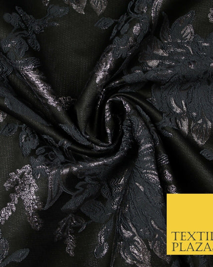 Black Grey Floral Bloom Textured Metallic Fancy Brocade Jacquard Fabric 6764