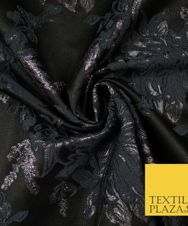 Black Grey Floral Bloom Textured Metallic Fancy Brocade Jacquard Fabric 6764