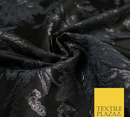 Black Grey Floral Bloom Textured Metallic Fancy Brocade Jacquard Fabric 6764