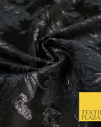 Black Grey Floral Bloom Textured Metallic Fancy Brocade Jacquard Fabric 6764