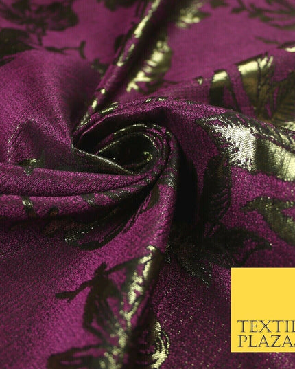 Magenta Antique Gold Floral Textured Metallic Fancy Brocade Jacquard Fabric 6766