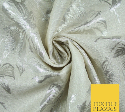 Cream Ecru Silver Floral Textured Metallic Fancy Brocade Jacquard Fabric 6778