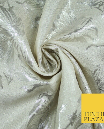 Cream Ecru Silver Floral Textured Metallic Fancy Brocade Jacquard Fabric 6778