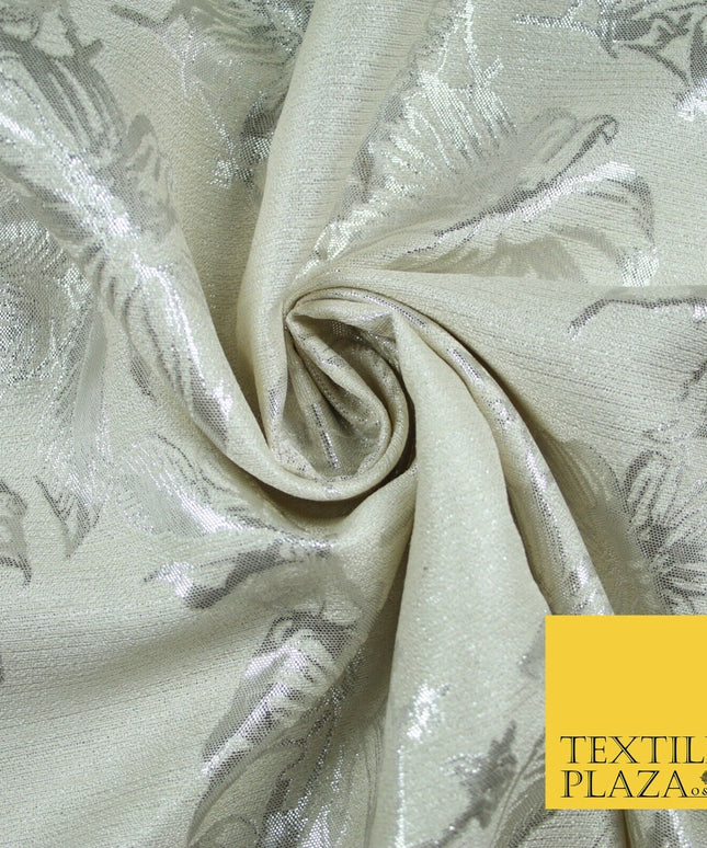 Cream Ecru Silver Floral Textured Metallic Fancy Brocade Jacquard Fabric 6778