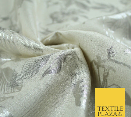 Cream Ecru Silver Floral Textured Metallic Fancy Brocade Jacquard Fabric 6778