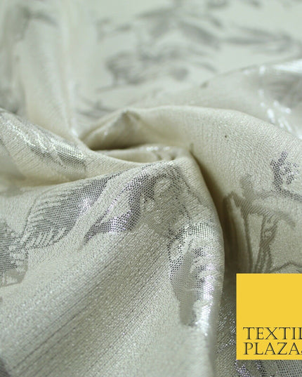Cream Ecru Silver Floral Textured Metallic Fancy Brocade Jacquard Fabric 6778
