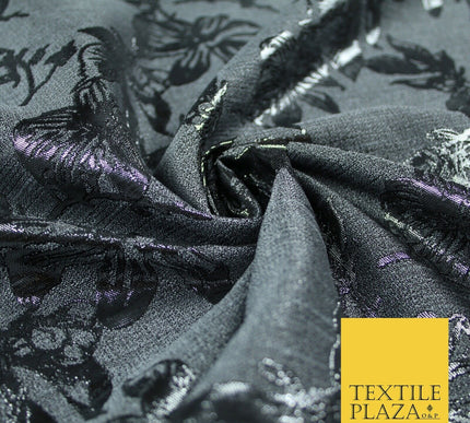 Grey Antique Silver Floral Textured Metallic Fancy Brocade Jacquard Fabric 6779