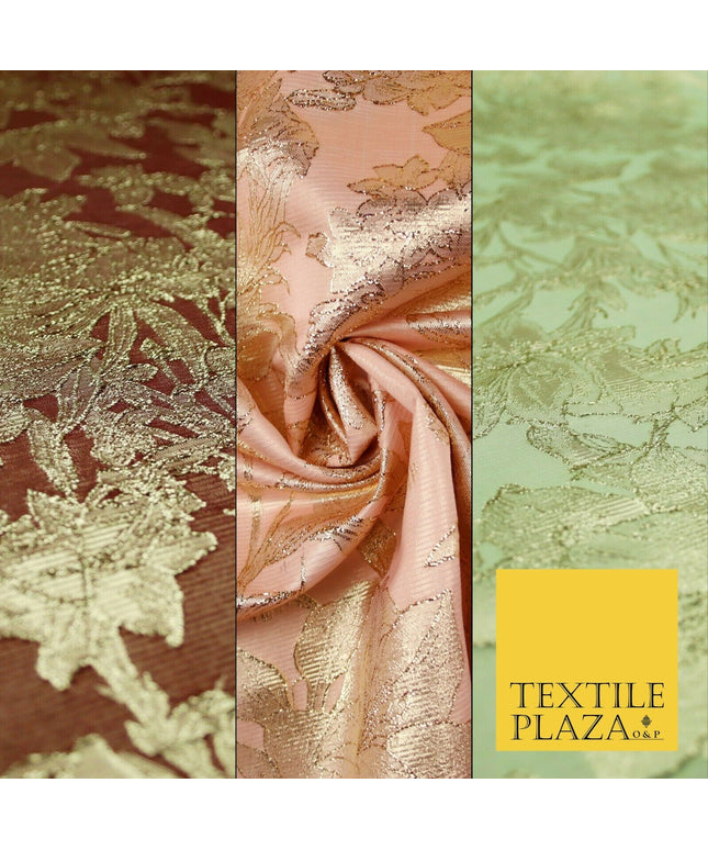 Green Brown Peach Luxury Textured Gold Floral Rose Brocade Dress Fabric Metallic
