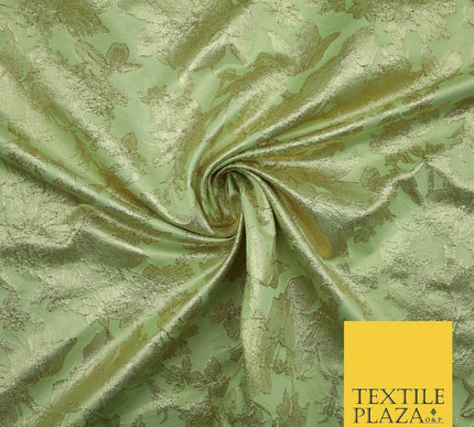 Green Brown Peach Luxury Textured Gold Floral Rose Brocade Dress Fabric Metallic