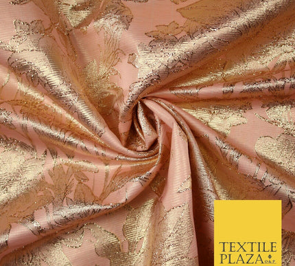 Green Brown Peach Luxury Textured Gold Floral Rose Brocade Dress Fabric Metallic