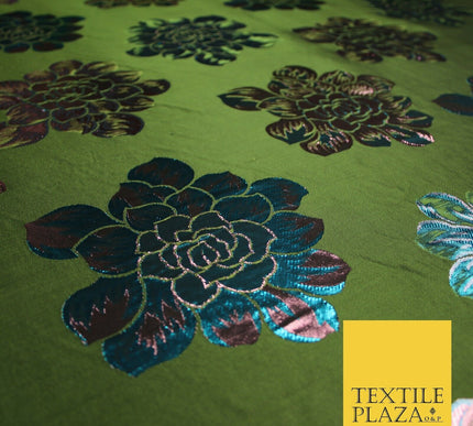 Olive Green Pink Blue Oversized Floral Metallic Brocade Dress Fabric 6859