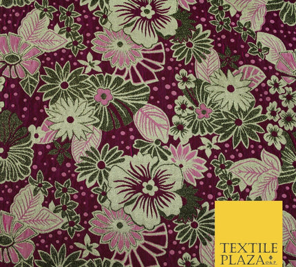 Magenta Pink Antique Gold Tropical Floral Dot Textured Brocade Dress Fabric 6846