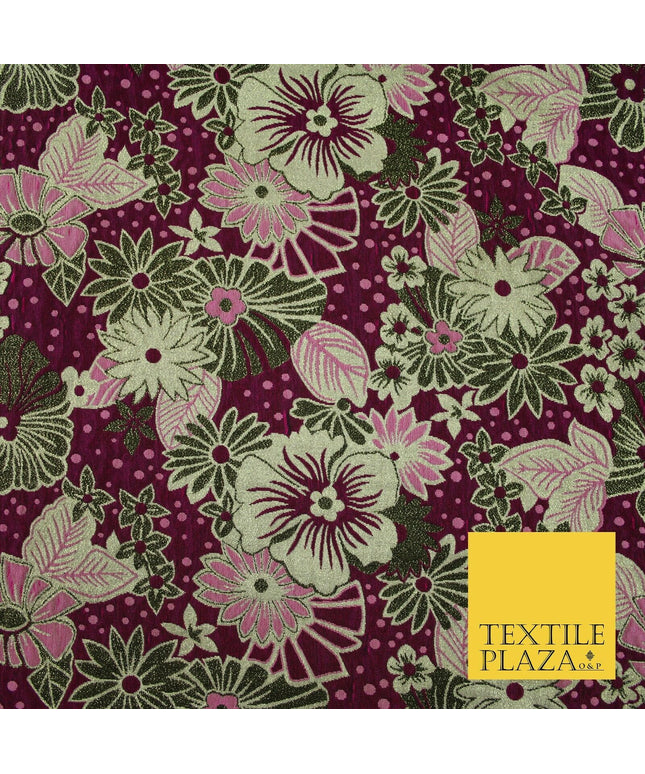 Magenta Pink Antique Gold Tropical Floral Dot Textured Brocade Dress Fabric 6846
