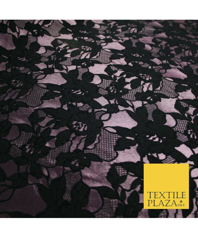 Black Mauve Pink Floral Lace Effect Woven Brocade Jacquard Dress Fabric 6844
