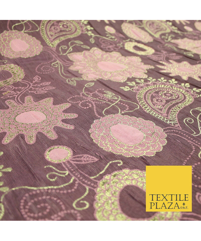 Mauve Pink Metallic Gold Mandala Paisleys Brocade Jacquard Dress Fabric 6843