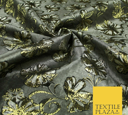 Grey Gold Metallic Gold Floral Pansy Textured Brocade Jacquard Dress Fabric 6851