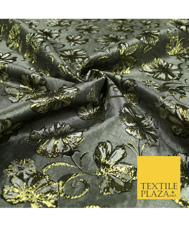 Grey Gold Metallic Gold Floral Pansy Textured Brocade Jacquard Dress Fabric 6851