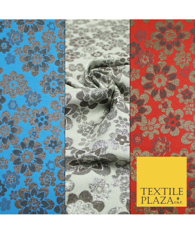 3 COLOURS - Ornate Floral Metallic Textured Brocade Jacquard Dress Fabric 58"