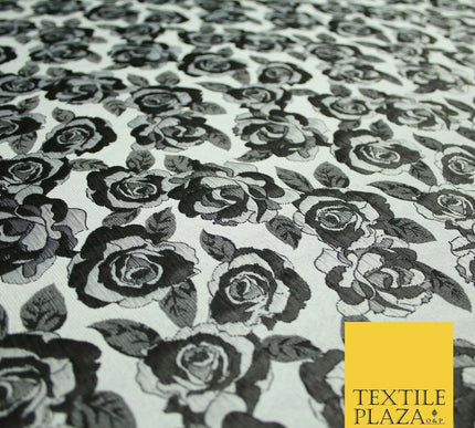 Monotone Grey Black Vintage Floral Roses Brocade Jacquard Dress Fabric 6858
