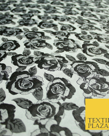 Monotone Grey Black Vintage Floral Roses Brocade Jacquard Dress Fabric 6858