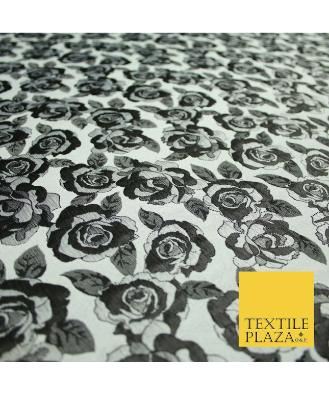 Monotone Grey Black Vintage Floral Roses Brocade Jacquard Dress Fabric 6858