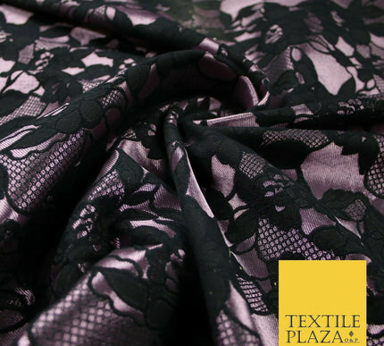 Black Mauve Pink Floral Lace Effect Woven Brocade Jacquard Dress Fabric 6844