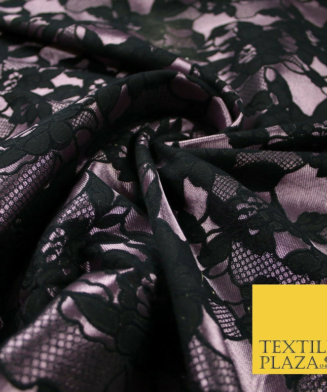 Black Mauve Pink Floral Lace Effect Woven Brocade Jacquard Dress Fabric 6844