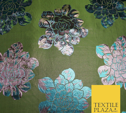 Olive Green Pink Blue Oversized Floral Metallic Brocade Dress Fabric 6859