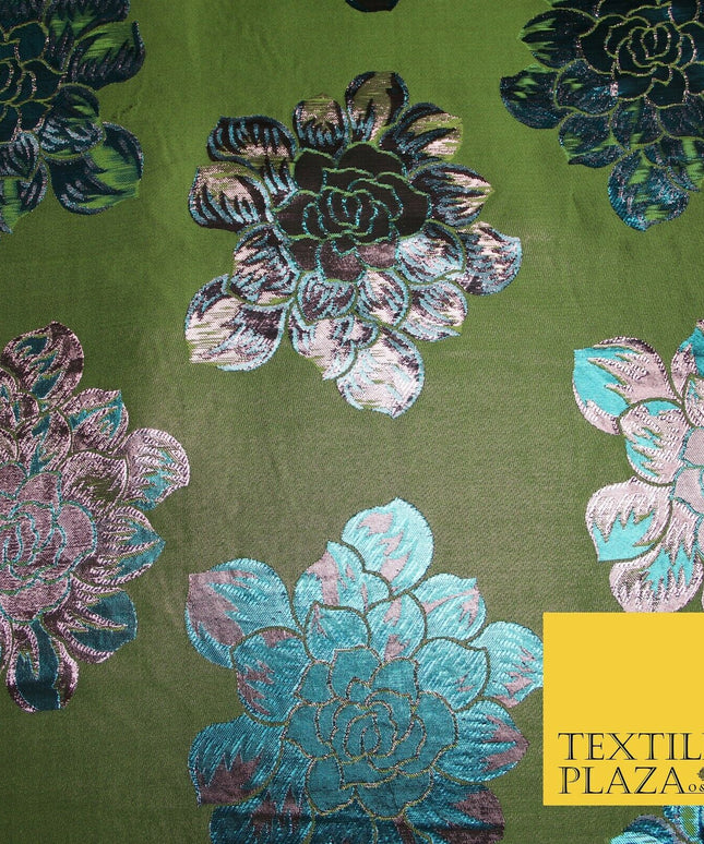 Olive Green Pink Blue Oversized Floral Metallic Brocade Dress Fabric 6859