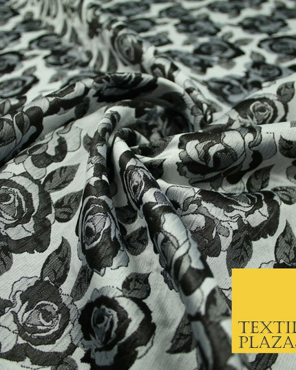 Monotone Grey Black Vintage Floral Roses Brocade Jacquard Dress Fabric 6858