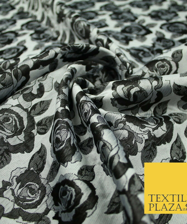 Monotone Grey Black Vintage Floral Roses Brocade Jacquard Dress Fabric 6858