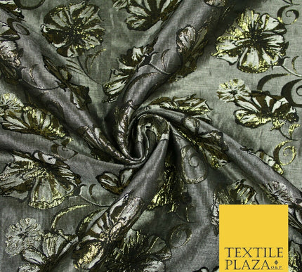 Grey Gold Metallic Gold Floral Pansy Textured Brocade Jacquard Dress Fabric 6851
