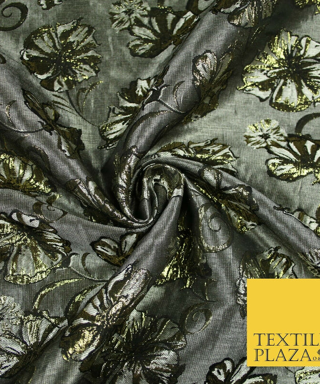 Grey Gold Metallic Gold Floral Pansy Textured Brocade Jacquard Dress Fabric 6851