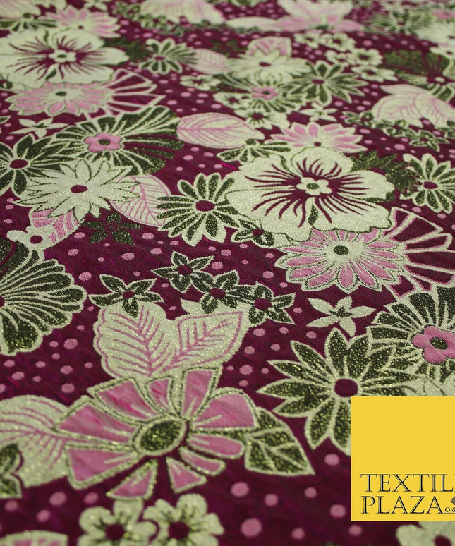 Magenta Pink Antique Gold Tropical Floral Dot Textured Brocade Dress Fabric 6846