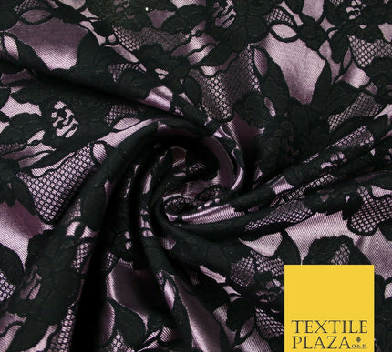Black Mauve Pink Floral Lace Effect Woven Brocade Jacquard Dress Fabric 6844
