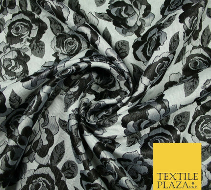 Monotone Grey Black Vintage Floral Roses Brocade Jacquard Dress Fabric 6858