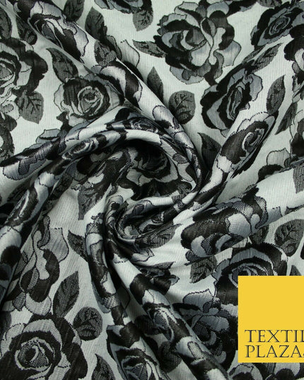 Monotone Grey Black Vintage Floral Roses Brocade Jacquard Dress Fabric 6858