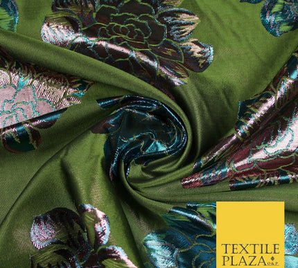 Olive Green Pink Blue Oversized Floral Metallic Brocade Dress Fabric 6859