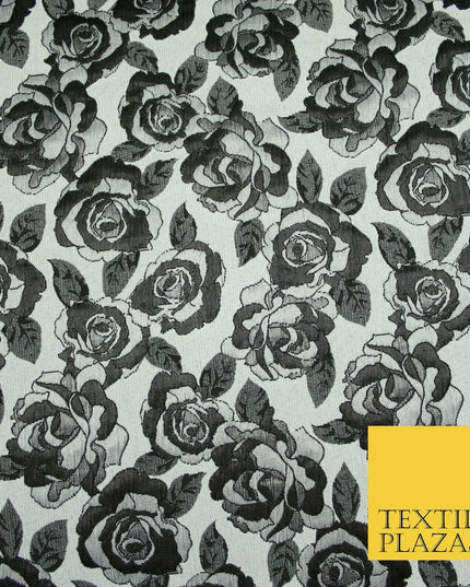 Monotone Grey Black Vintage Floral Roses Brocade Jacquard Dress Fabric 6858