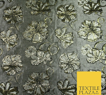Grey Gold Metallic Gold Floral Pansy Textured Brocade Jacquard Dress Fabric 6851