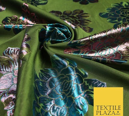 Olive Green Pink Blue Oversized Floral Metallic Brocade Dress Fabric 6859