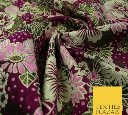 Magenta Pink Antique Gold Tropical Floral Dot Textured Brocade Dress Fabric 6846