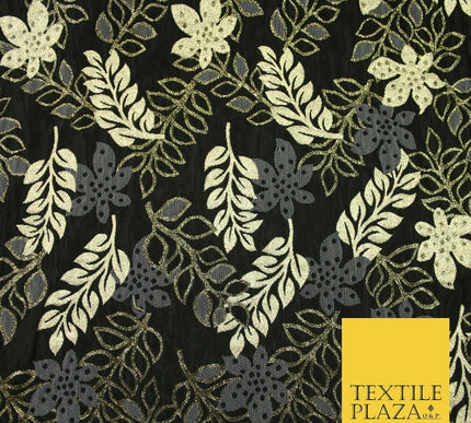 Black Gold Grey Falling Rowan Leaves Fancy Brocade Jacquard Dress Fabric 6842