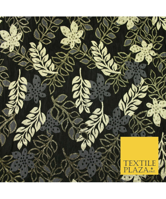Black Gold Grey Falling Rowan Leaves Fancy Brocade Jacquard Dress Fabric 6842