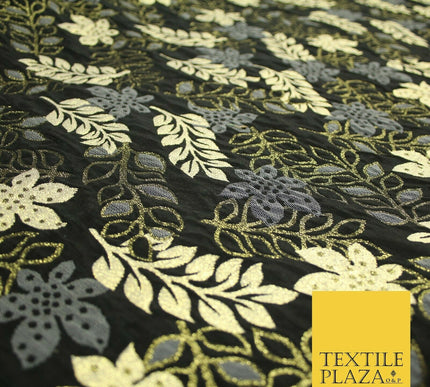 Black Gold Grey Falling Rowan Leaves Fancy Brocade Jacquard Dress Fabric 6842