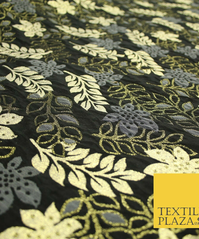 Black Gold Grey Falling Rowan Leaves Fancy Brocade Jacquard Dress Fabric 6842