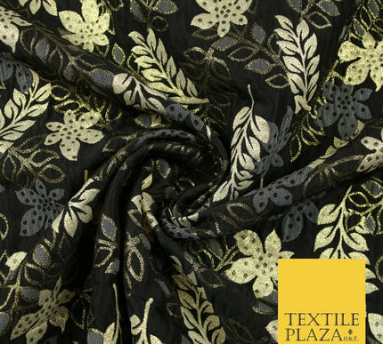 Black Gold Grey Falling Rowan Leaves Fancy Brocade Jacquard Dress Fabric 6842
