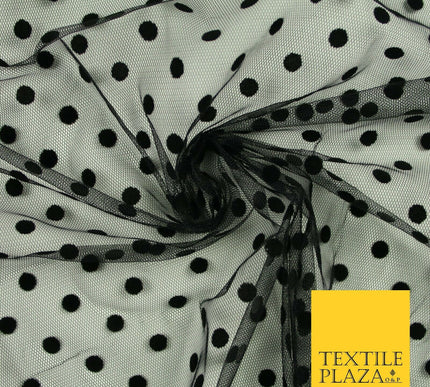 Black 1cm Polka Dot Spotted Flocked Power Mesh Net Stretch Dress Fabric 58" 7072